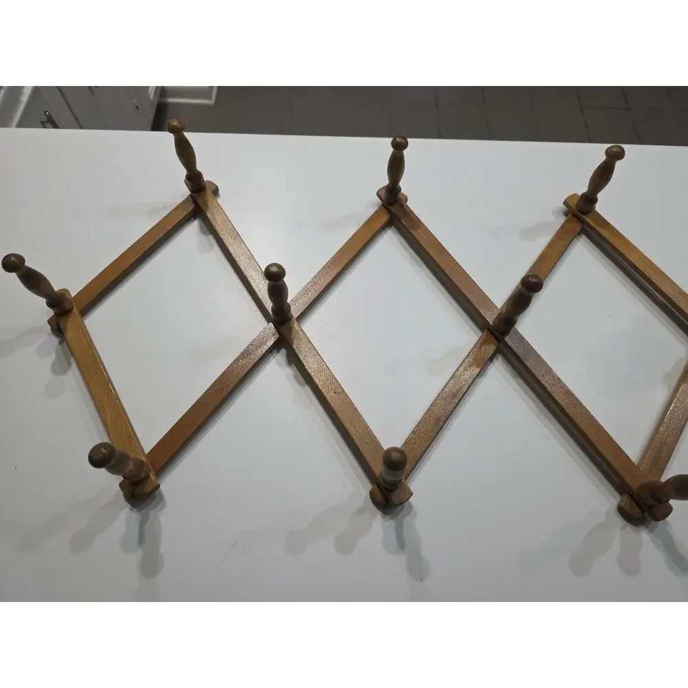 Large Accordion Peg Rack Coat Towel Hook Wooden Vintage